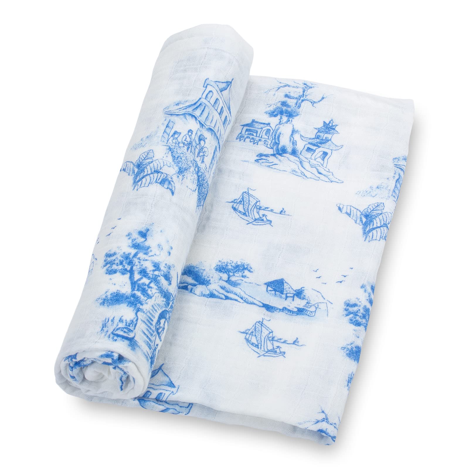 LollyBanks swaddle blanket with chinoiserie print enhances nursery decor and cozy ambience.