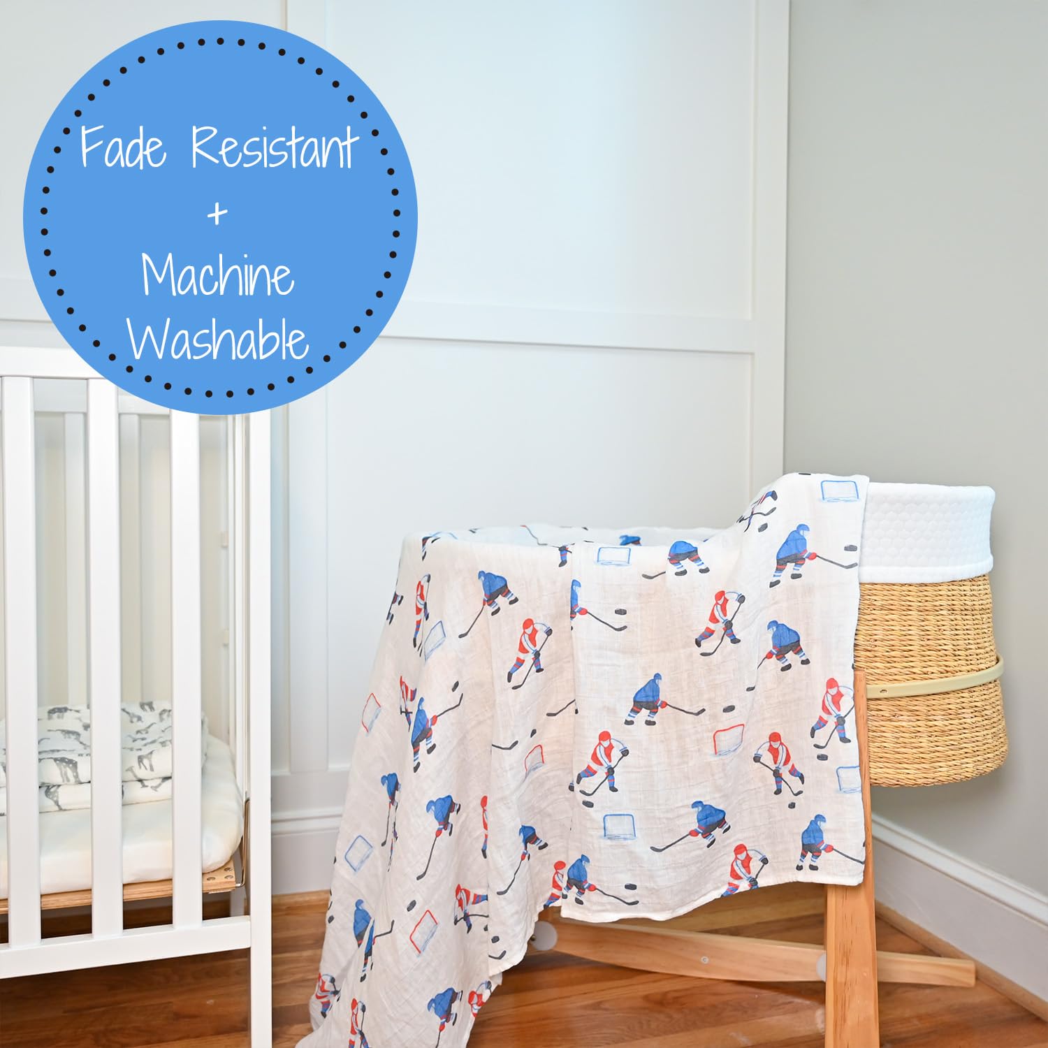 LollyBanks ice hockey swaddle used as nursery decor adds playful, appealing touch.