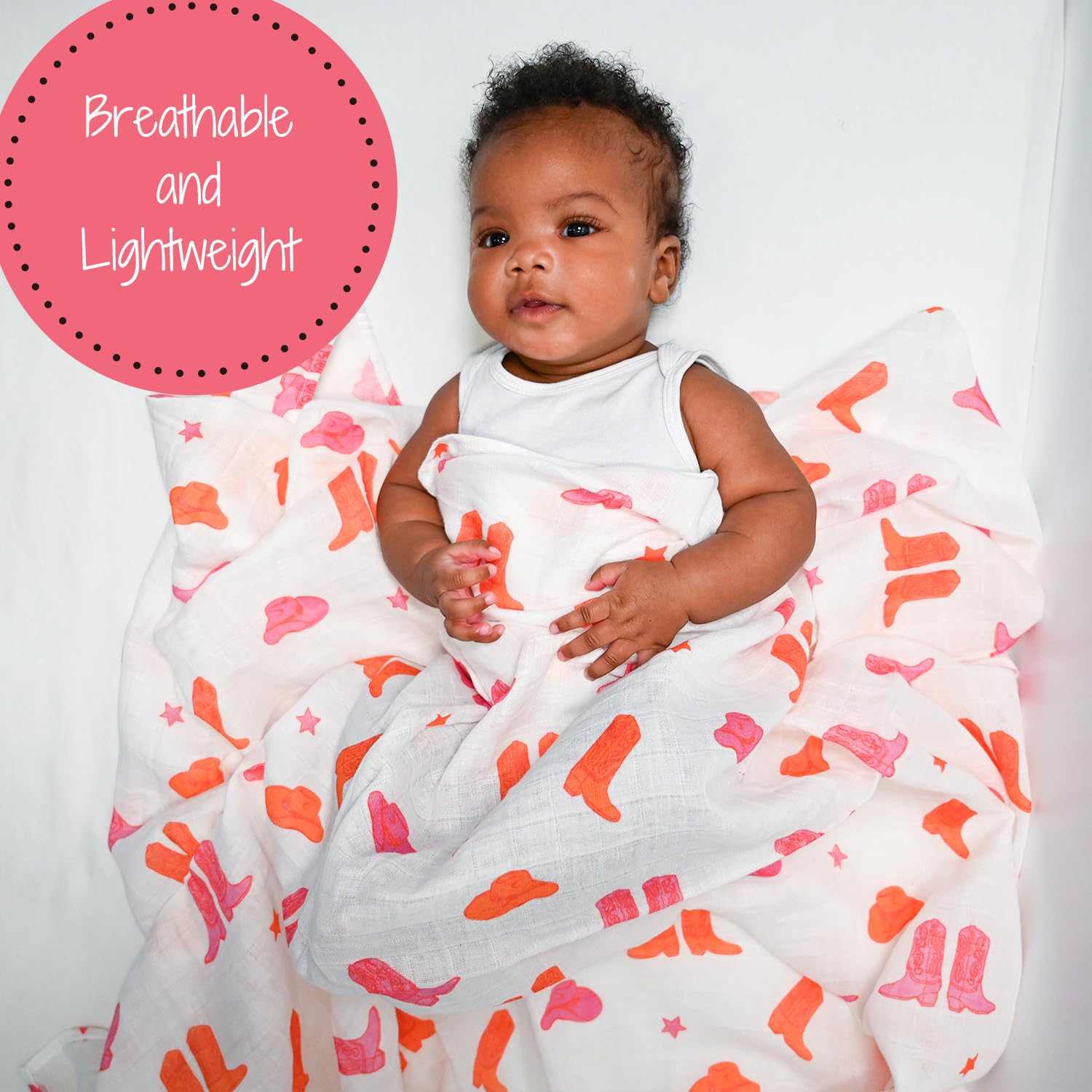 LollyBanks swaddle close-up shows breathable 100% cotton muslin for day-to-day comfort.