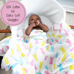 LollyBanks crib decor Easter print swaddle on crib, adds calm visual to nursery.