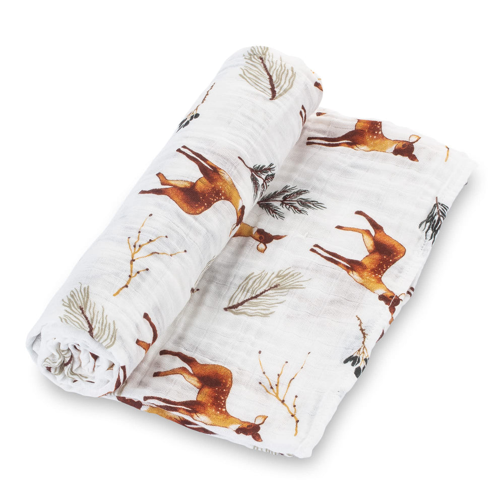 LollyBanks swaddle deer design close-up for woodland charm and calm nursery moments.