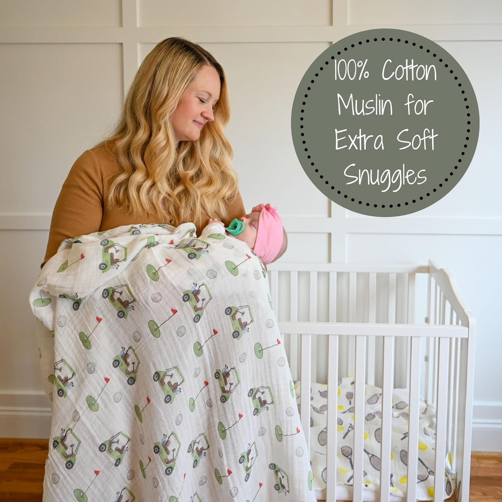 LollyBanks swaddle golf print folded edge highlights compact, lightweight crib-ready design