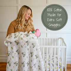 LollyBanks swaddle golf print folded edge highlights compact, lightweight crib-ready design
