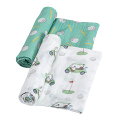 LollyBanks swaddle blanket golf print front view shows soft cotton muslin for gentle wrap