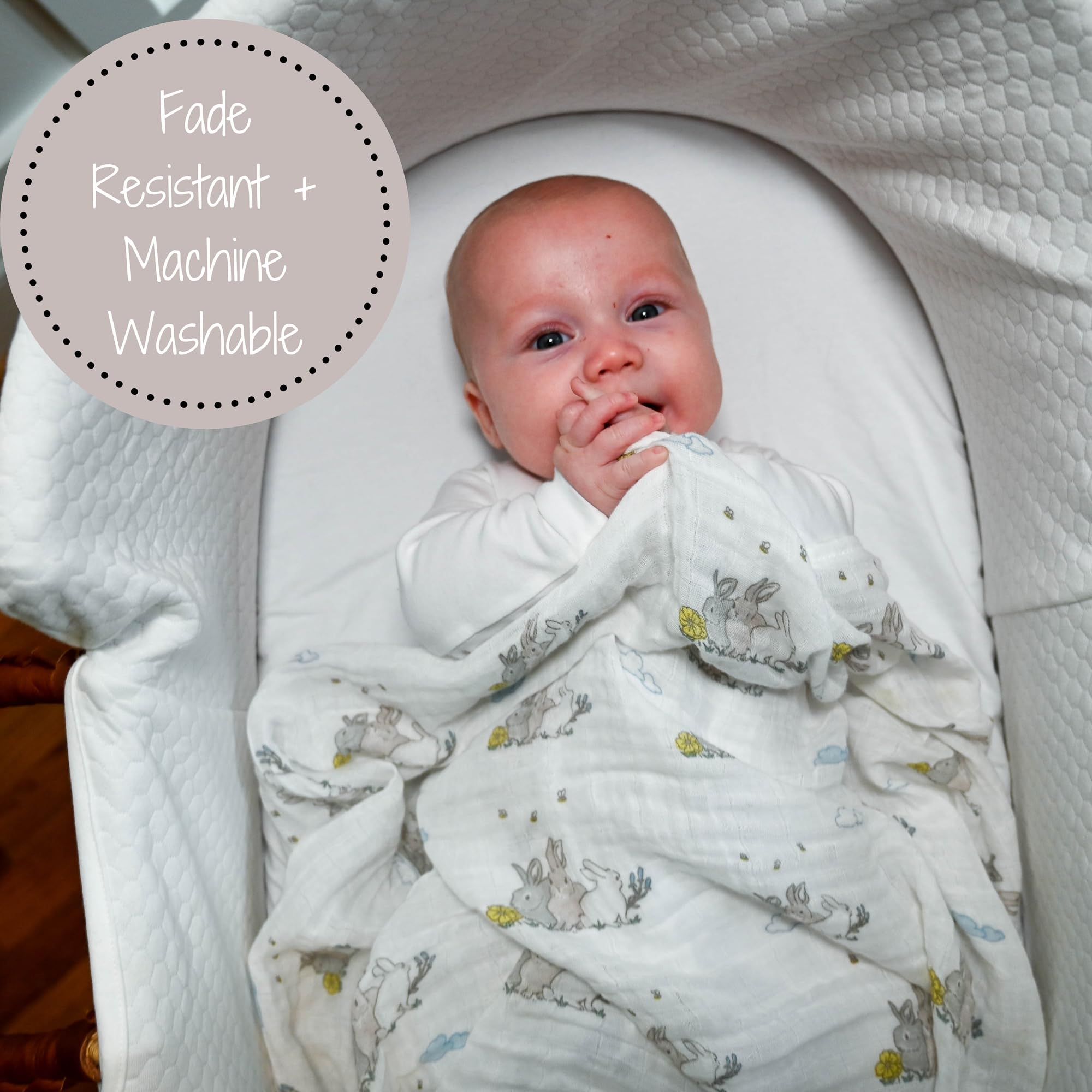 LollyBanks soft-muslin swaddle closeup highlighting rabbit print for gentle daily cuddles.