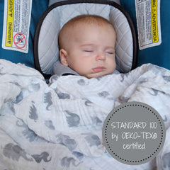 LollyBanks swaddle blanket close-up highlighting soft 100% cotton muslin texture for comfort.