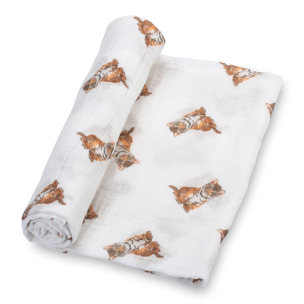 LollyBanks tiger cub print swaddle blanket for cuddling and photo moments.