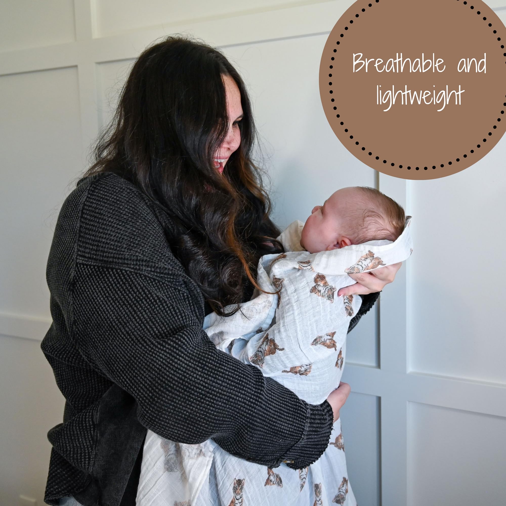 LollyBanks tiger cub swaddle in diaper bag for burp cloth use.
