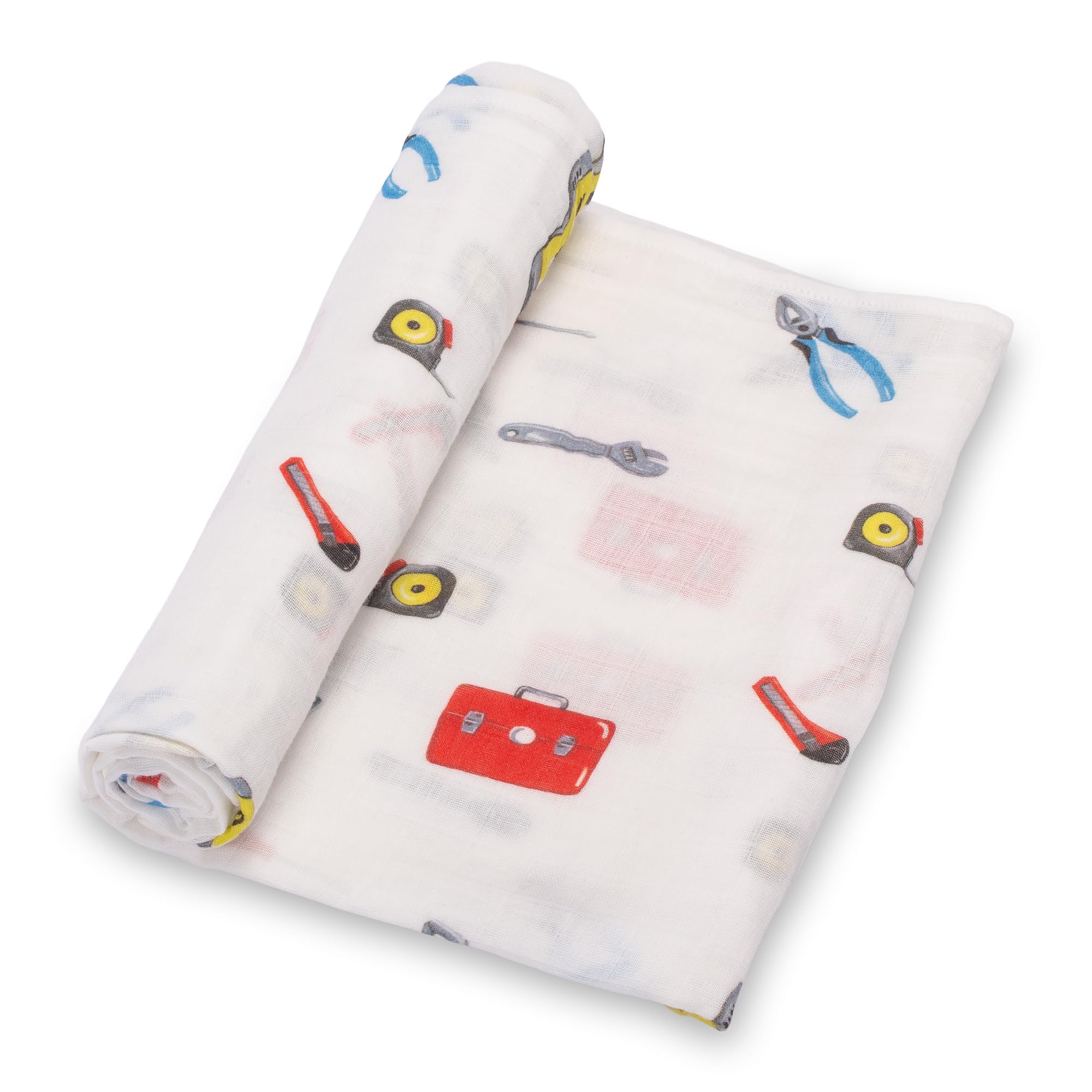 LollyBanks tool box print swaddle close-up highlighting breathable cotton muslin for secure newborn wraps.