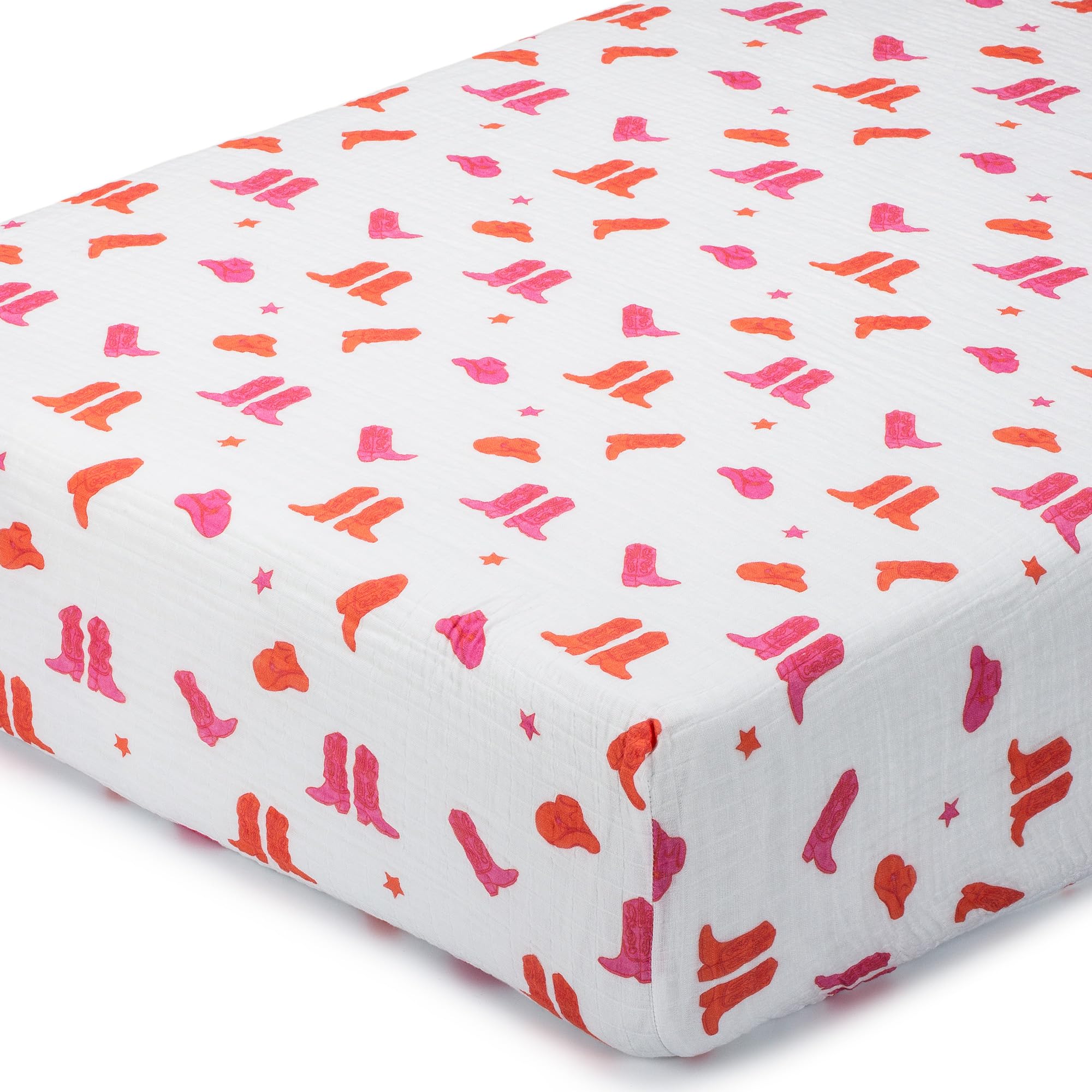 LollyBanks western boot print crib sheet closeup shows soft cotton and playful style for nursery.