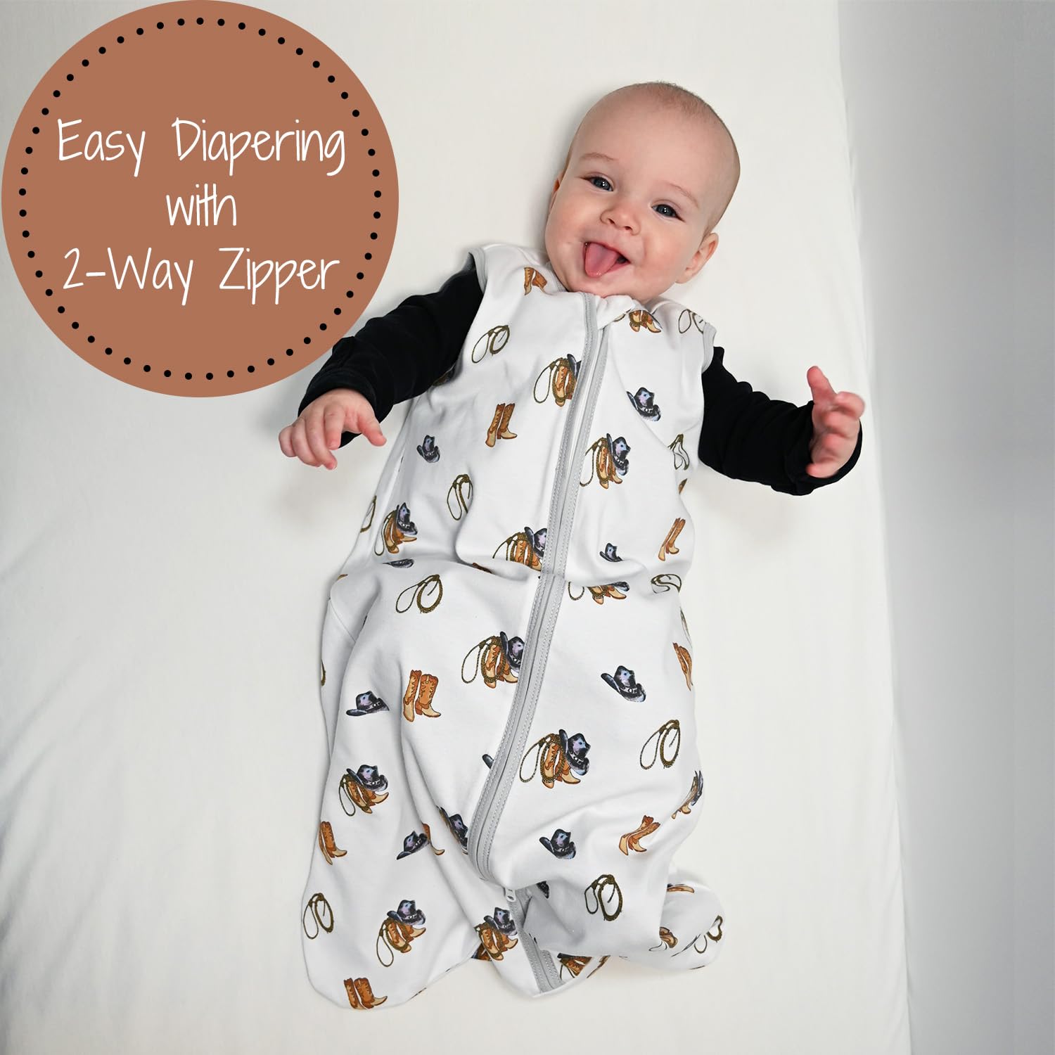 LollyBanks western design sleep sack showing playful cowboy outfit for neutral bedtime style.