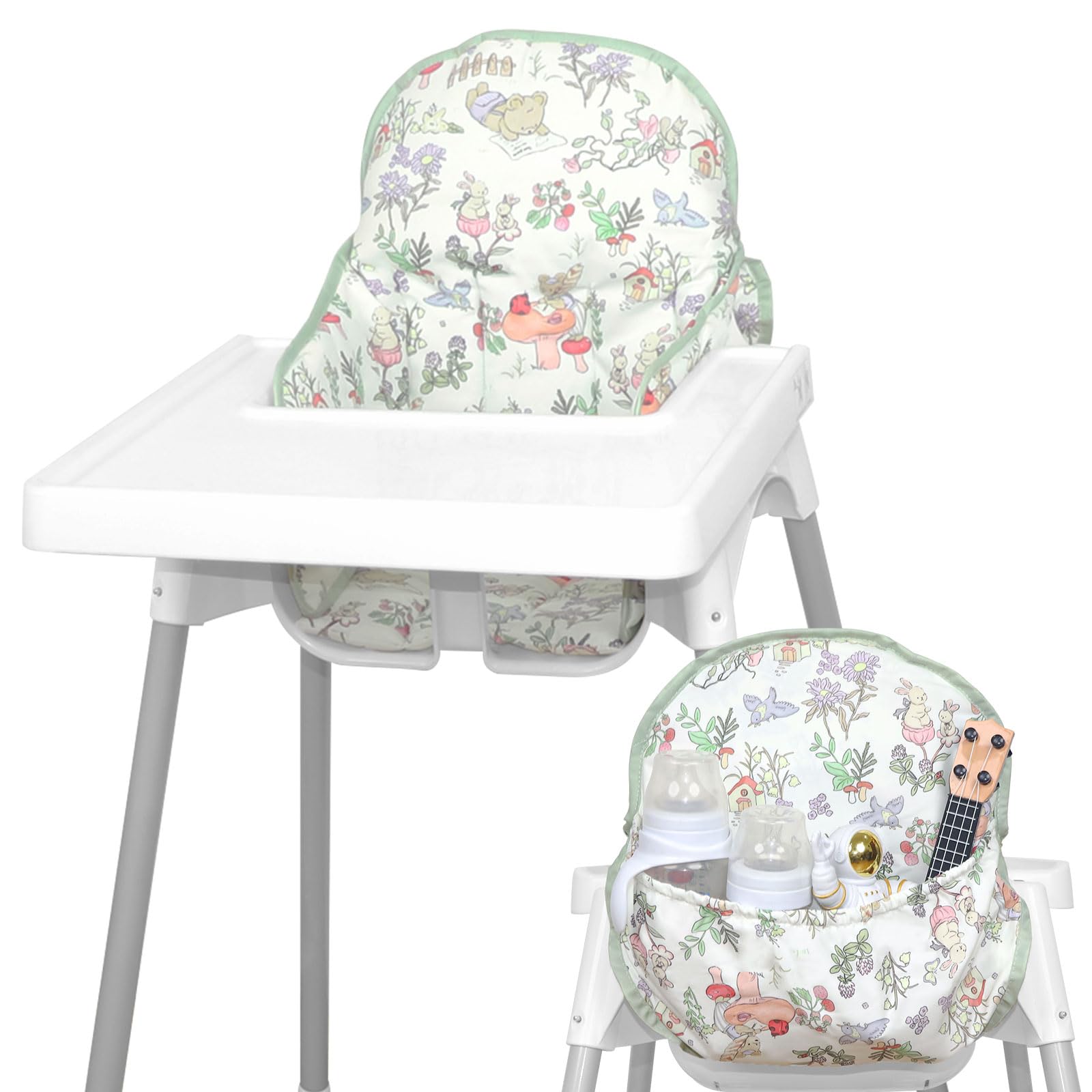 Lomgwumy Antilop cushion with green bear pattern offers cozy seating for baby meals.