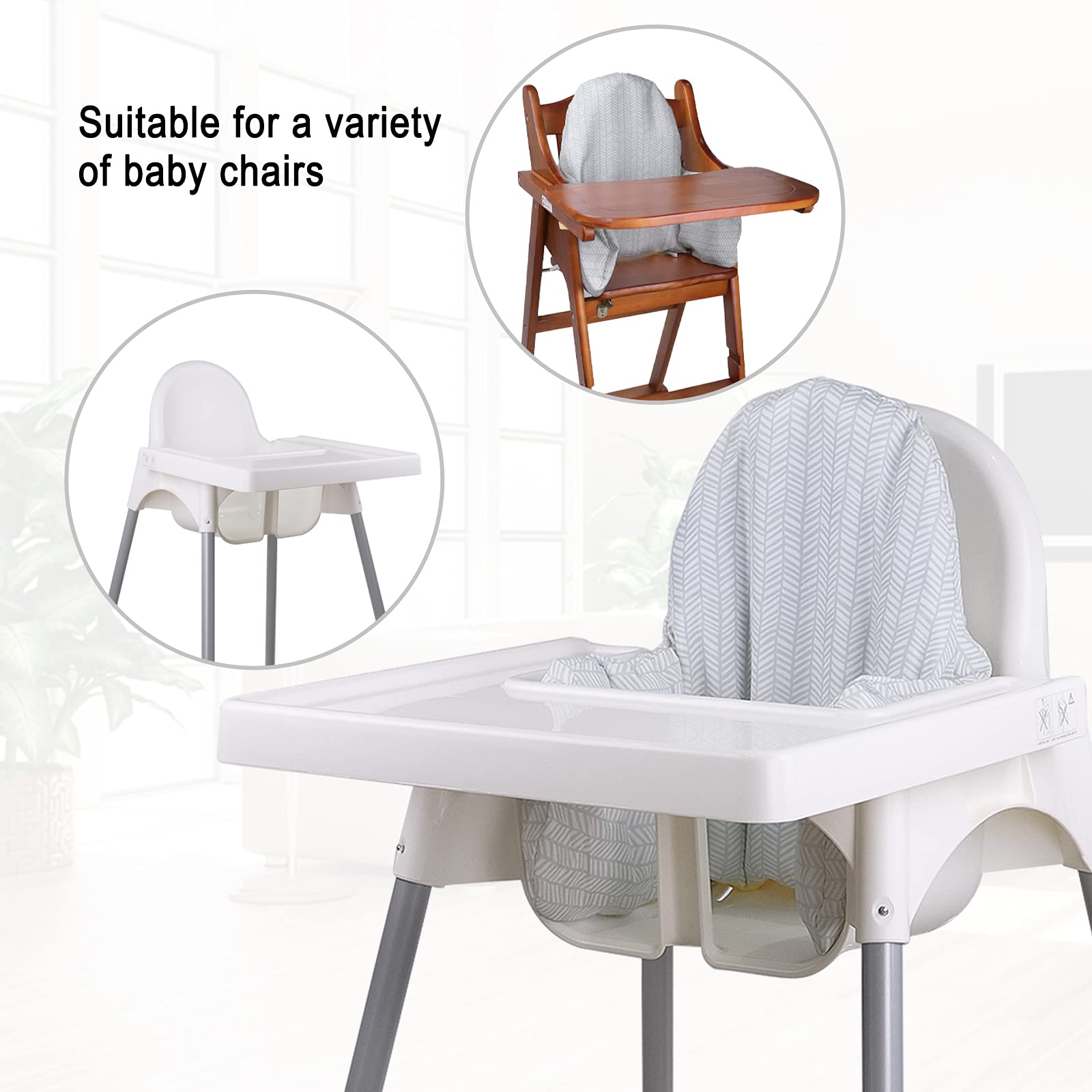 Lomgwumy high chair cushion gray stripes side view showcases two-sided design for easier cleaning.