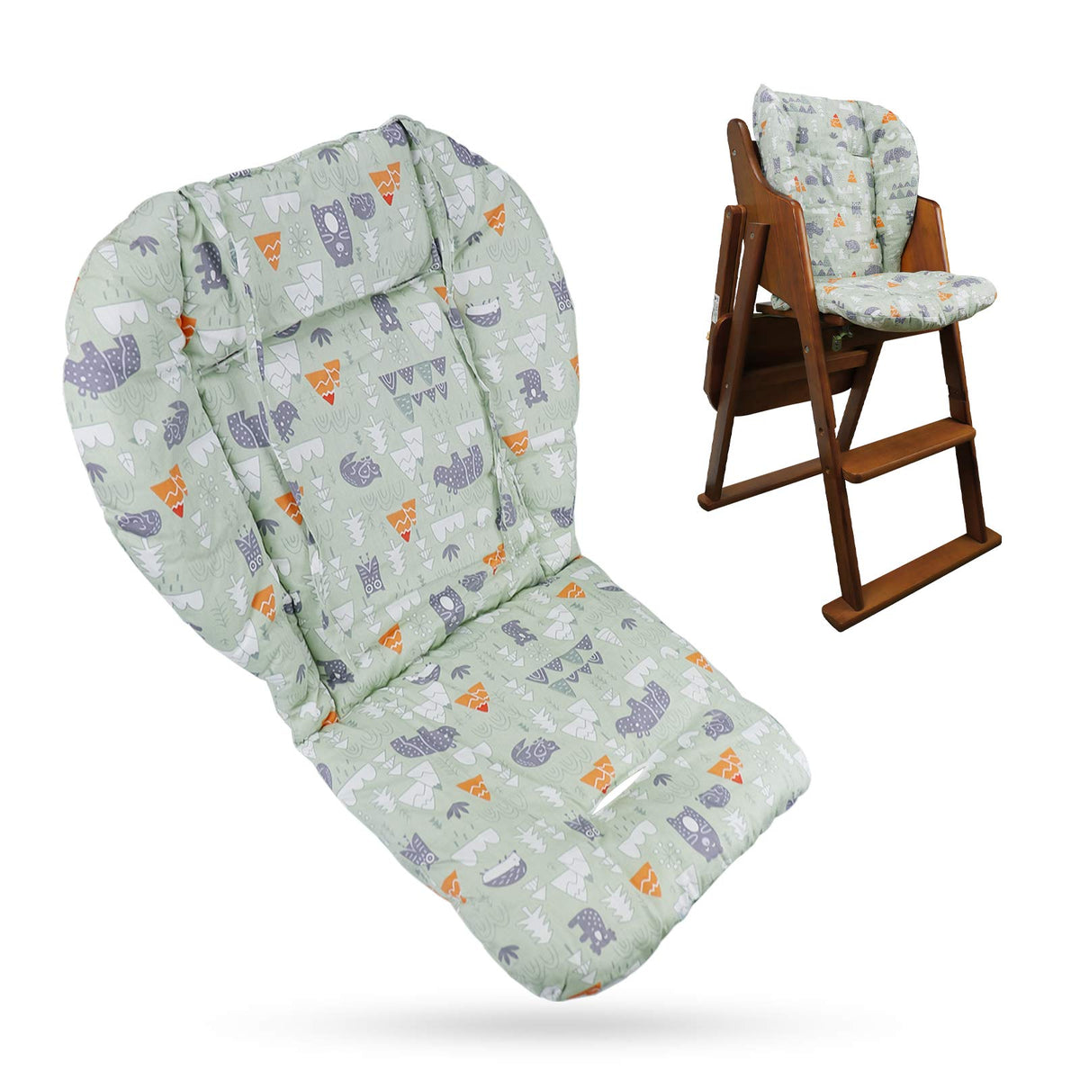Lomgwumy high chair cushion in green forest pattern shows soft, skin-friendly cotton feel.