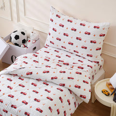LONAVA fire-truck comforter set close-up showing ultra-soft microfiber texture.