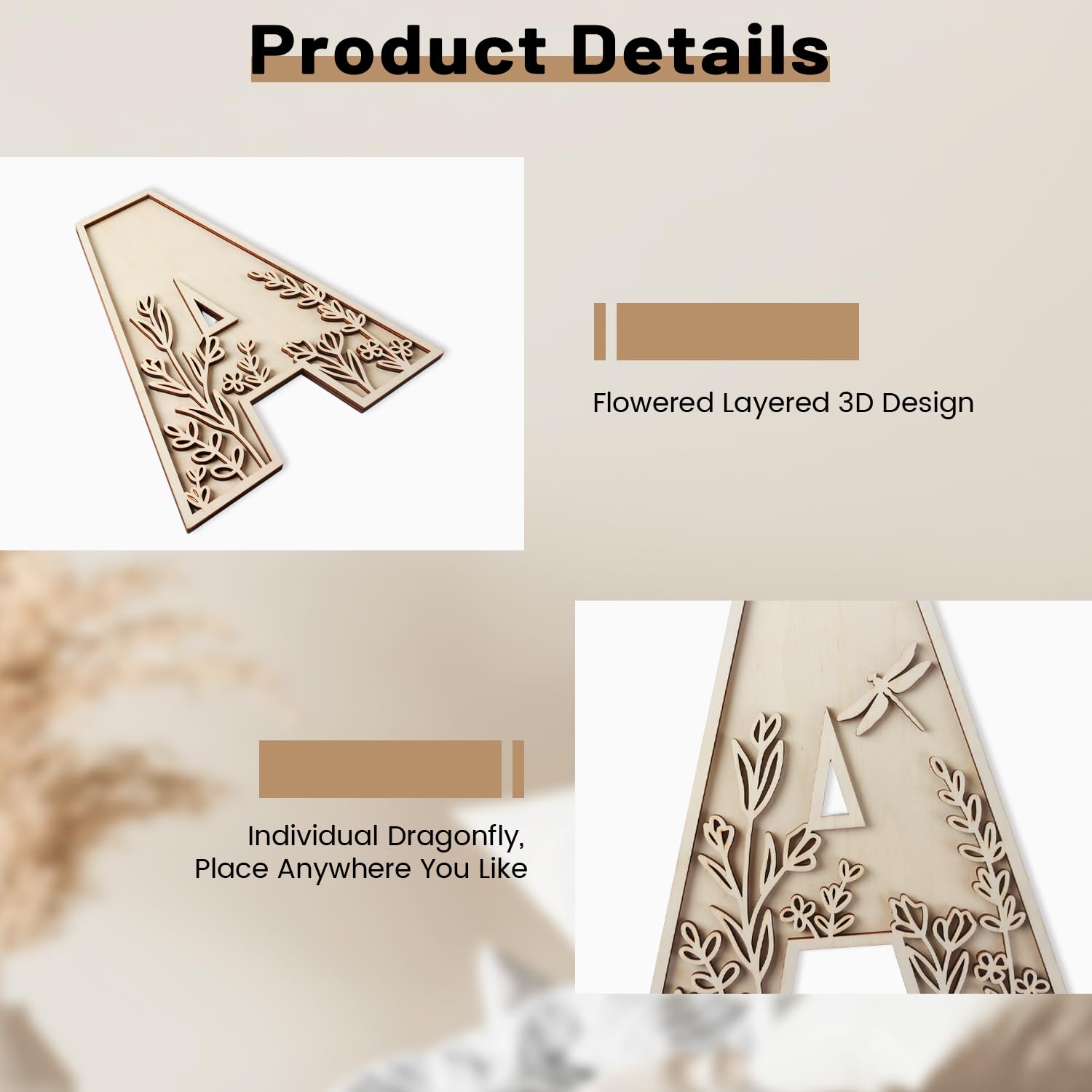 Longan Craft flowered wood letter D paintable preview for nursery decor.