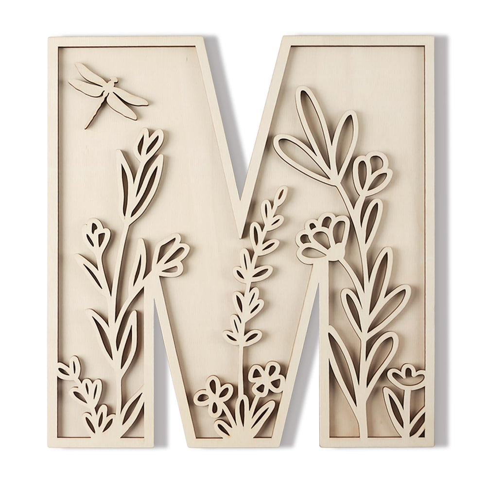 Longan Craft layered 12-inch wooden letter M with flowered design for nursery decor.