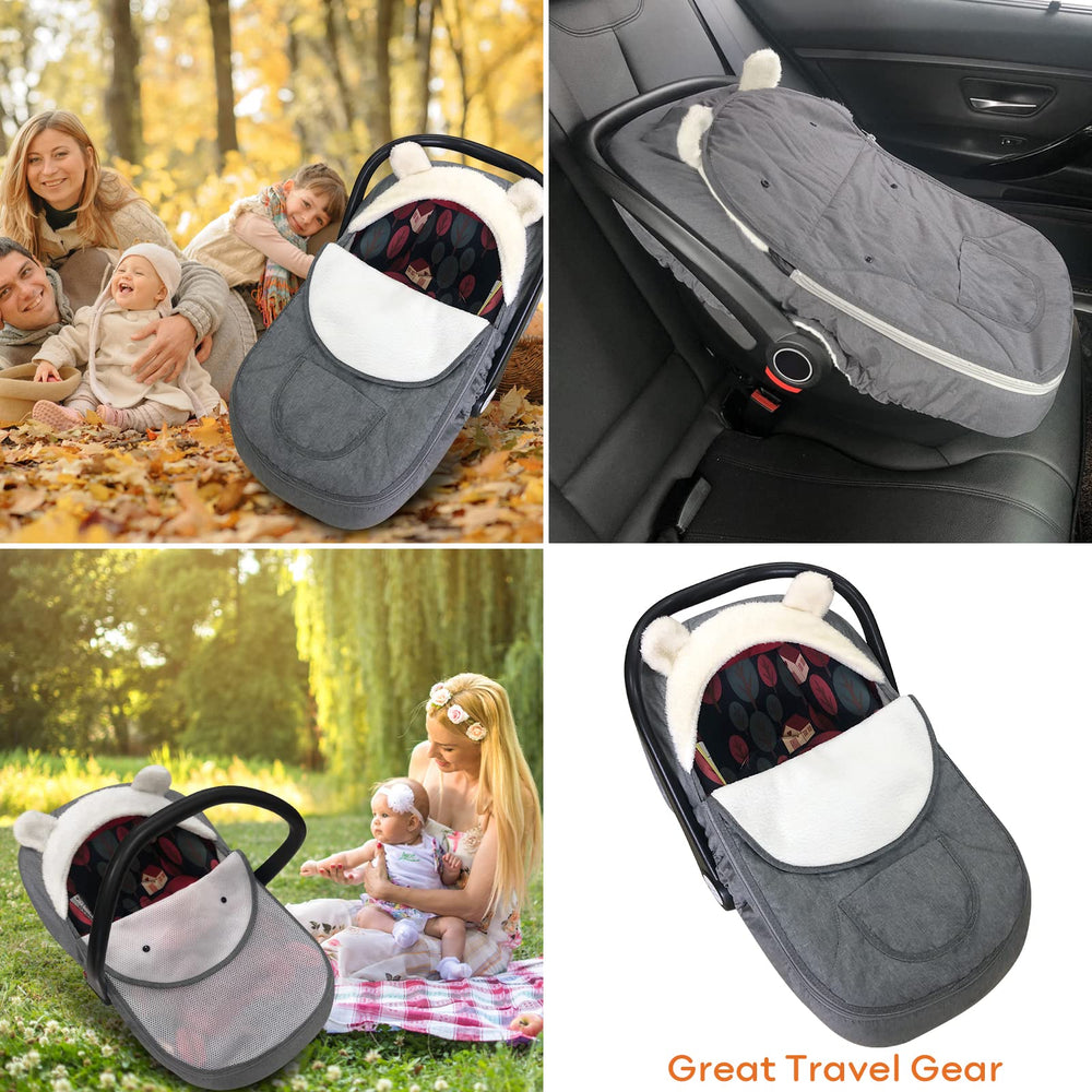 Longdafei baby car seat cover pull-over face flap shields baby from wind and glare.