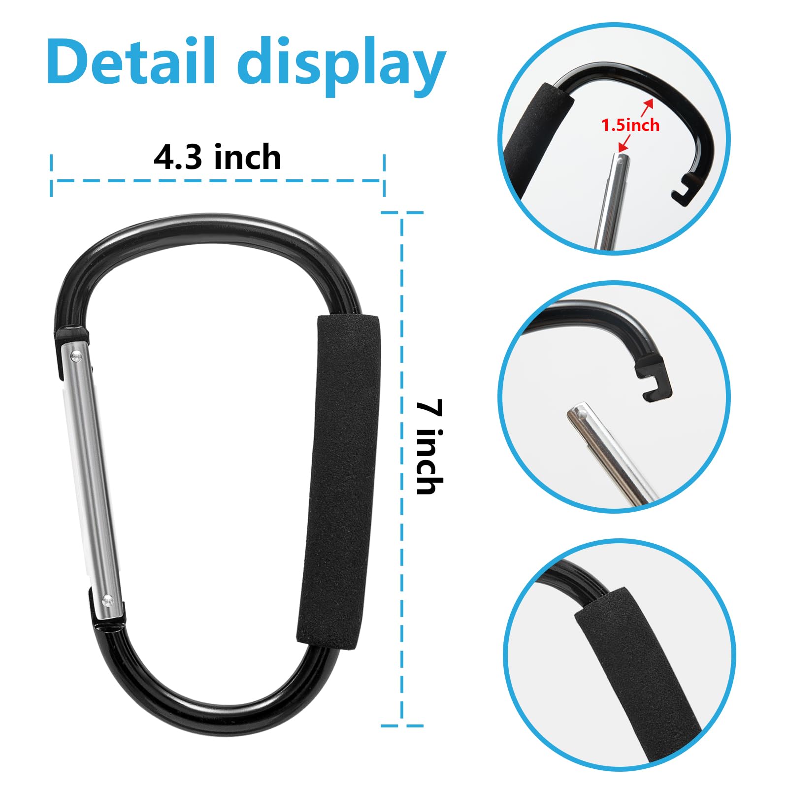 Longomat stroller hook aluminum carabiner provides durable attachment and quick removal.