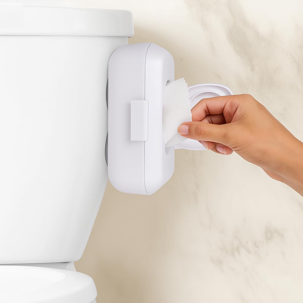 Loo discreet wipes dispenser front view shows space-saving bathroom storage.