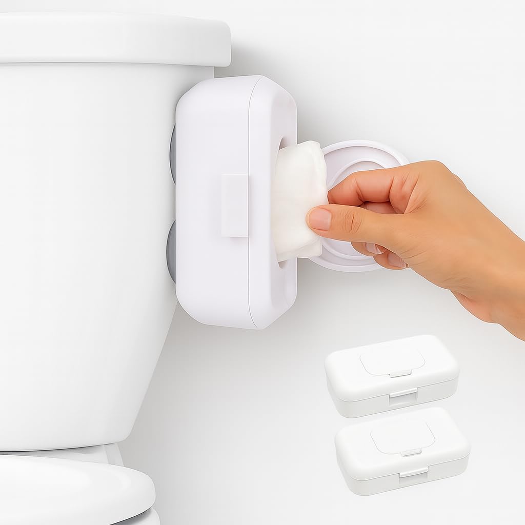 Loo discreet wipes dispenser mounted on bathroom wall with suction for space-saving storage.