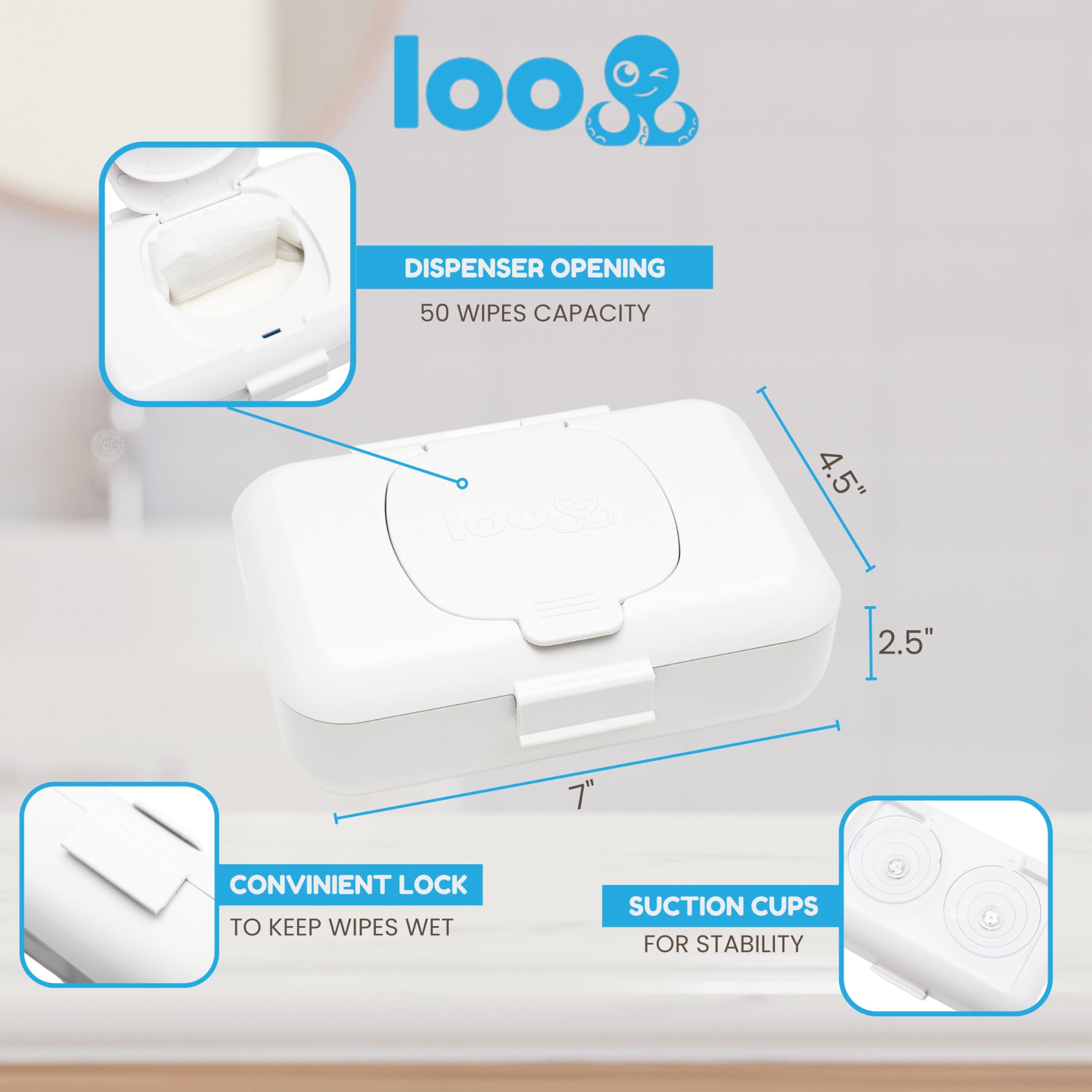 Loo sealed lid showing moisture retention to keep wipes fresh.