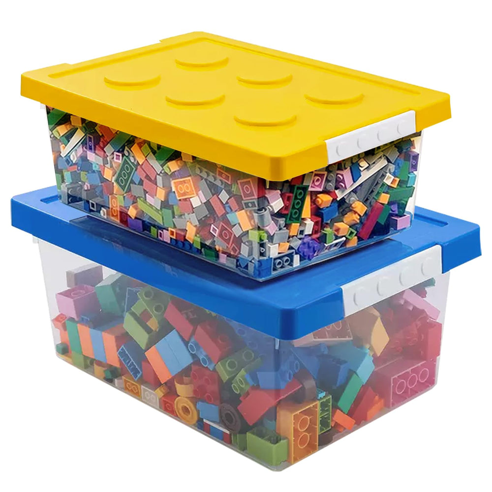 Loobuu plastic storage bins with blue lid shown in a tidy play area for large toy storage.