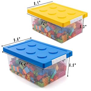 Loobuu plastic storage bins with yellow lid for compact toy organization in a bedroom.