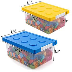 Loobuu plastic storage bins with yellow lid for compact toy organization in a bedroom.