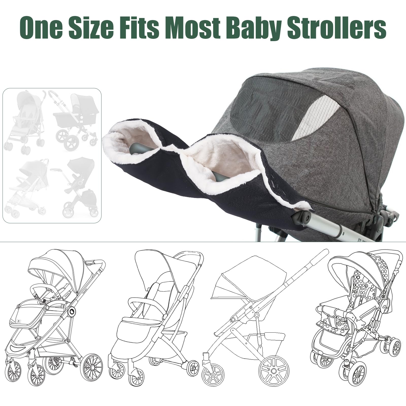 LooKu stroller hand muff keeps hands dry and warm against wind.