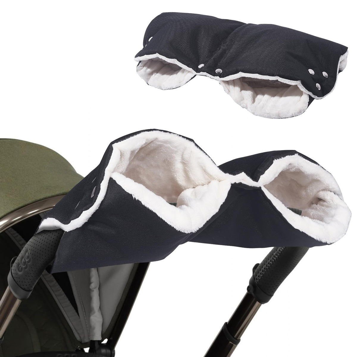 LooKu stroller hand muff with waterproof outer fabric protects hands in snow.