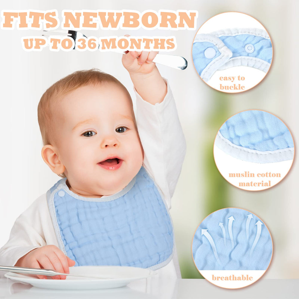 Soft cotton bib with waterproof backing protects outfits during meals.
