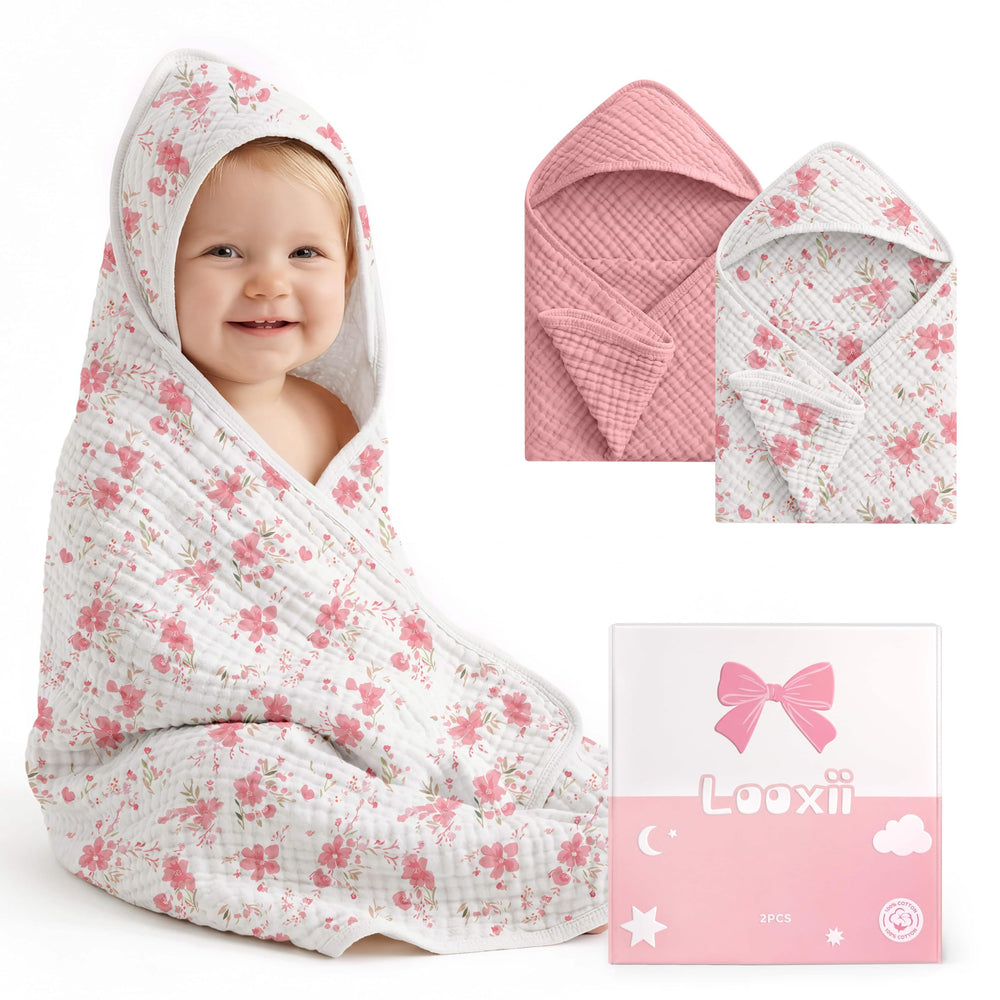 Looxii baby bath towels 2-pack in pink flowers, convenient newborn essentials.