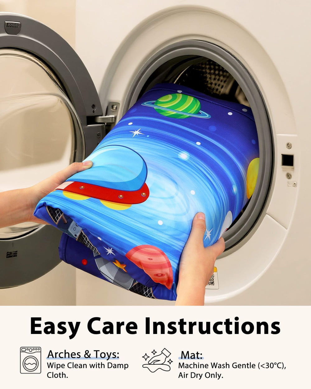 Looxii baby play gym washable fabric keeps playtime clean and hygienic after messy sessions.