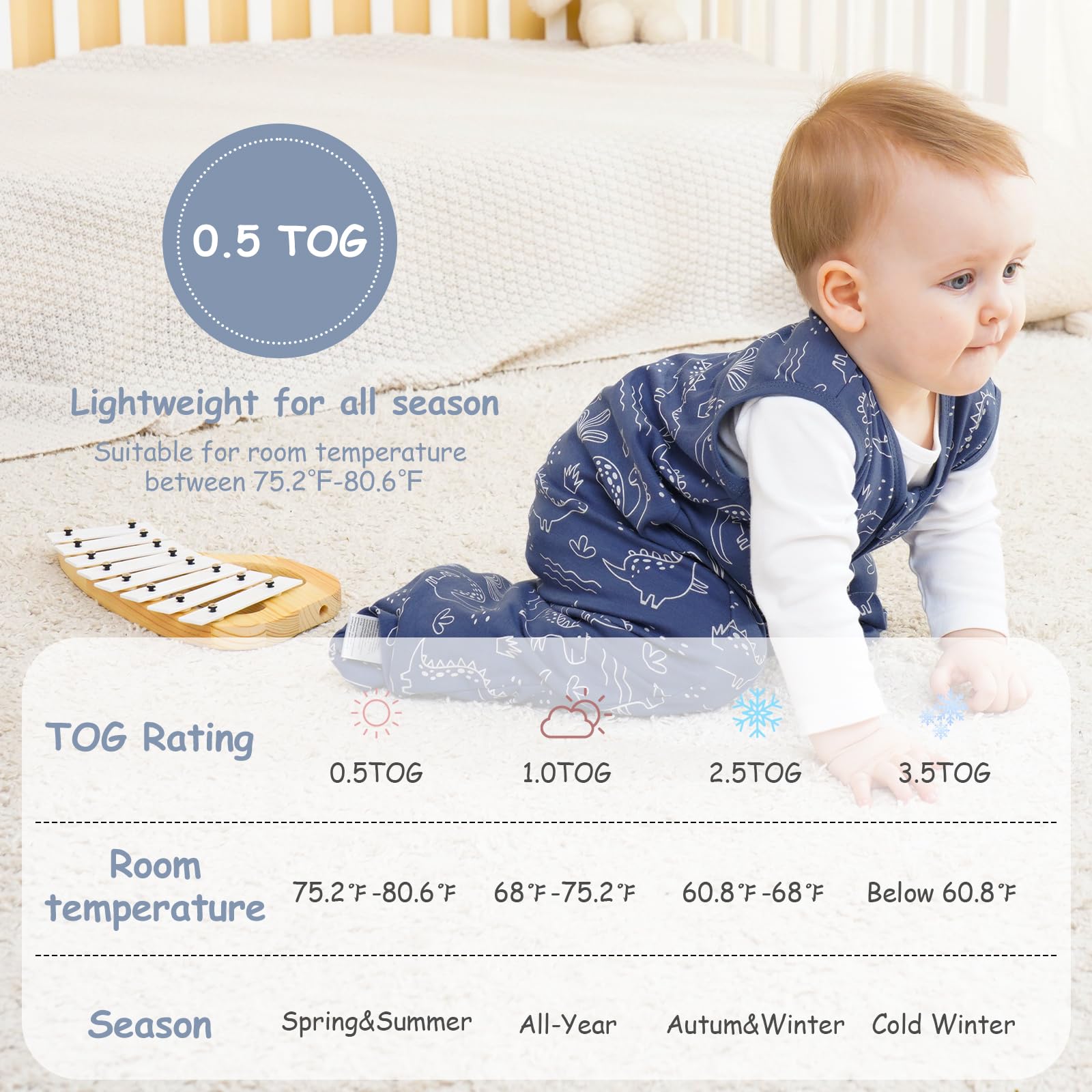 Looxii baby sleep sack 0.5 TOG provides moderate warmth