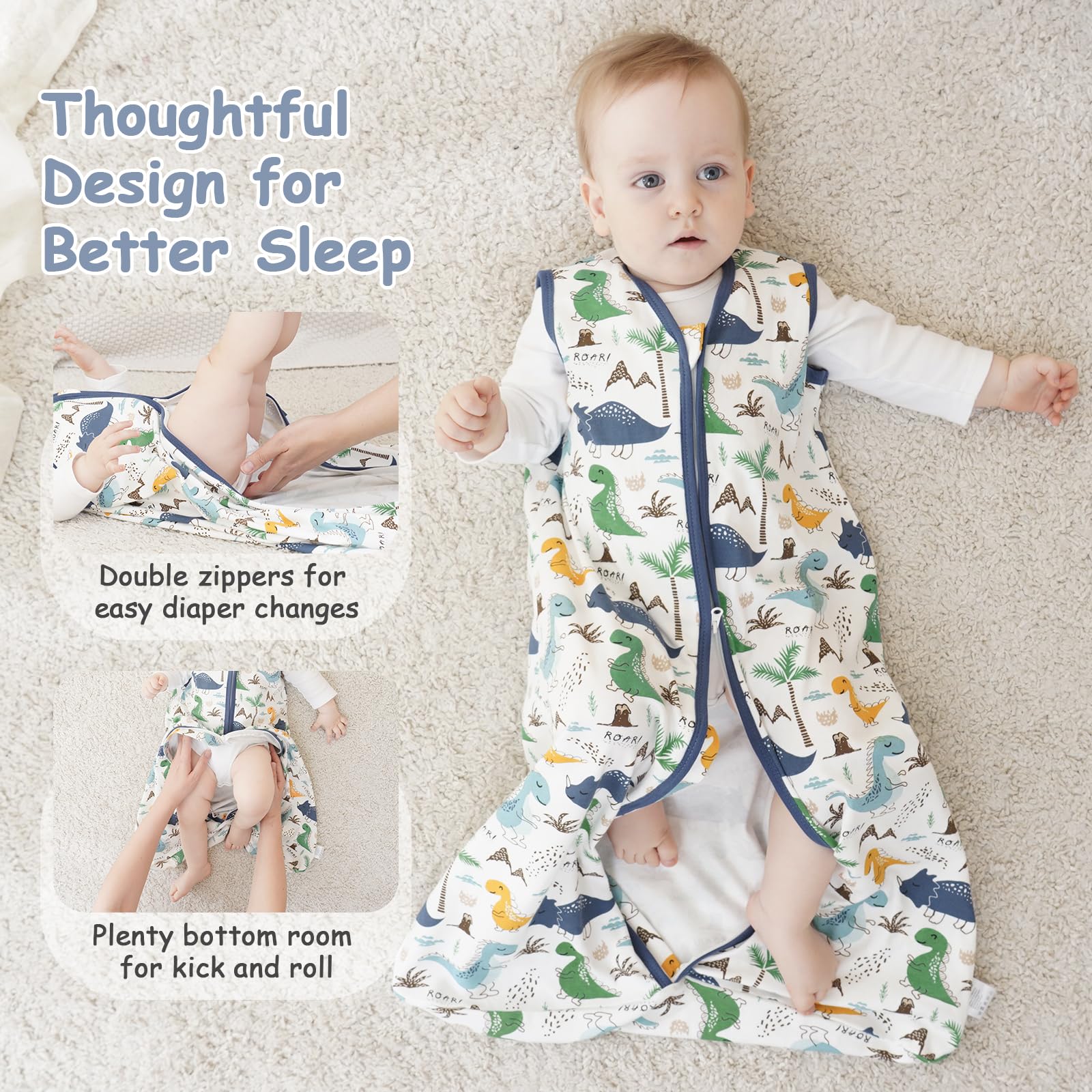 Looxii sleep sack with 2-way zipper for easy diaper changes without waking baby
