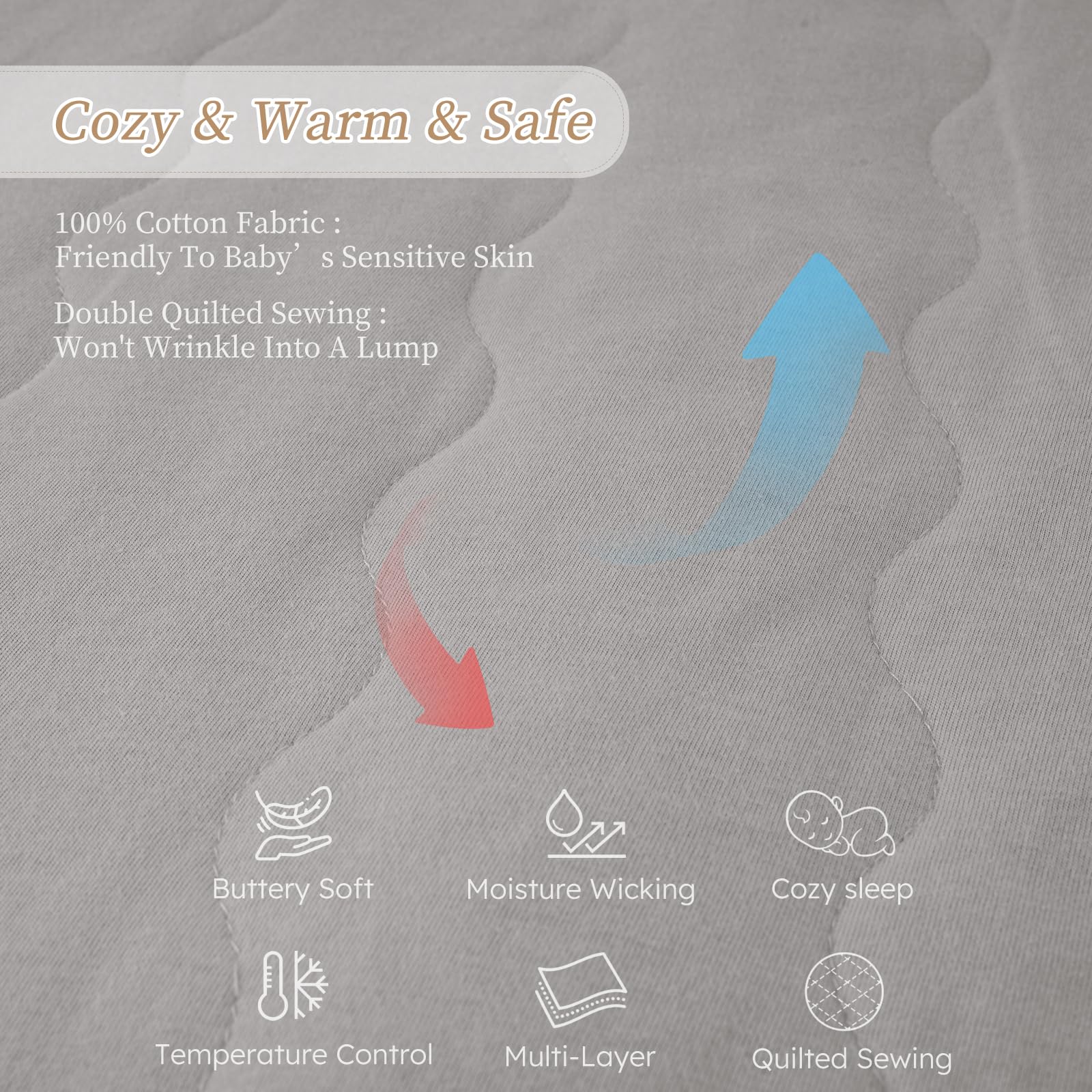 Looxii Baby Sleep Sack bottom-space supports leg movement and kicks.