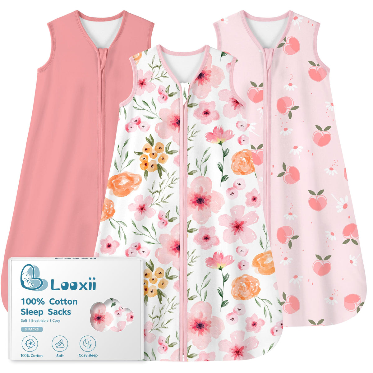 Looxii baby sleep sack fabric close-up shows breathable 100% cotton softness for delicate skin.