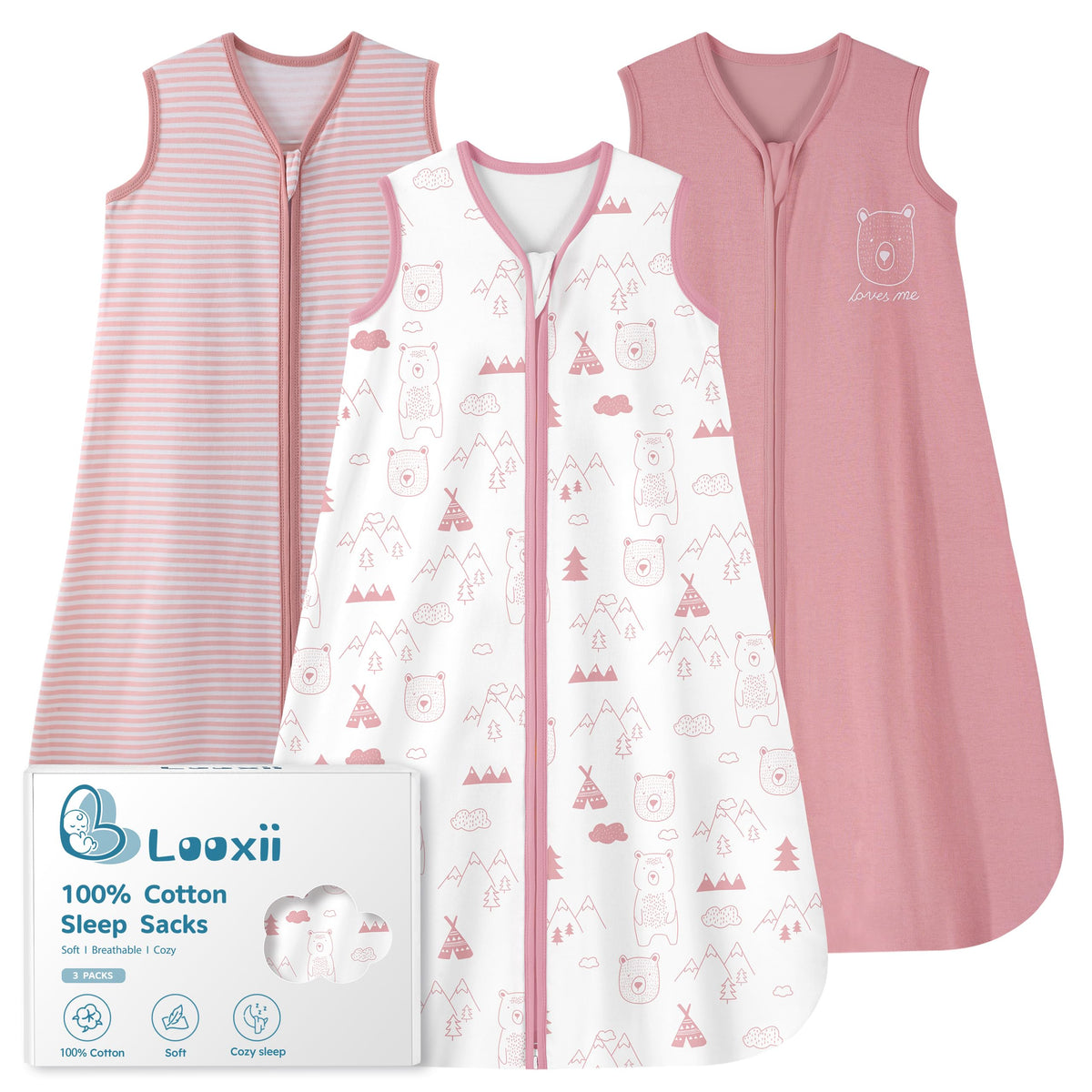 Looxii baby sleep sack front view emphasizes breathable 100% cotton for gentle sleep
