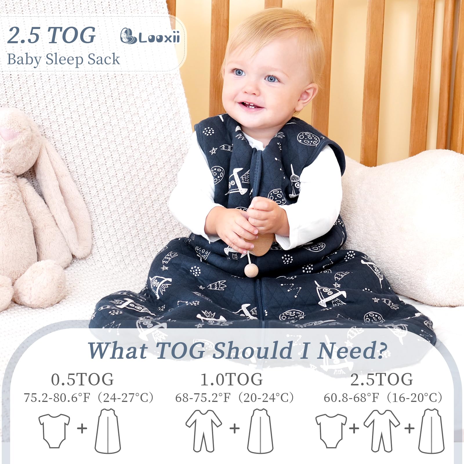 Looxii sleep sack neckline secures a snug, safe fit for babies.