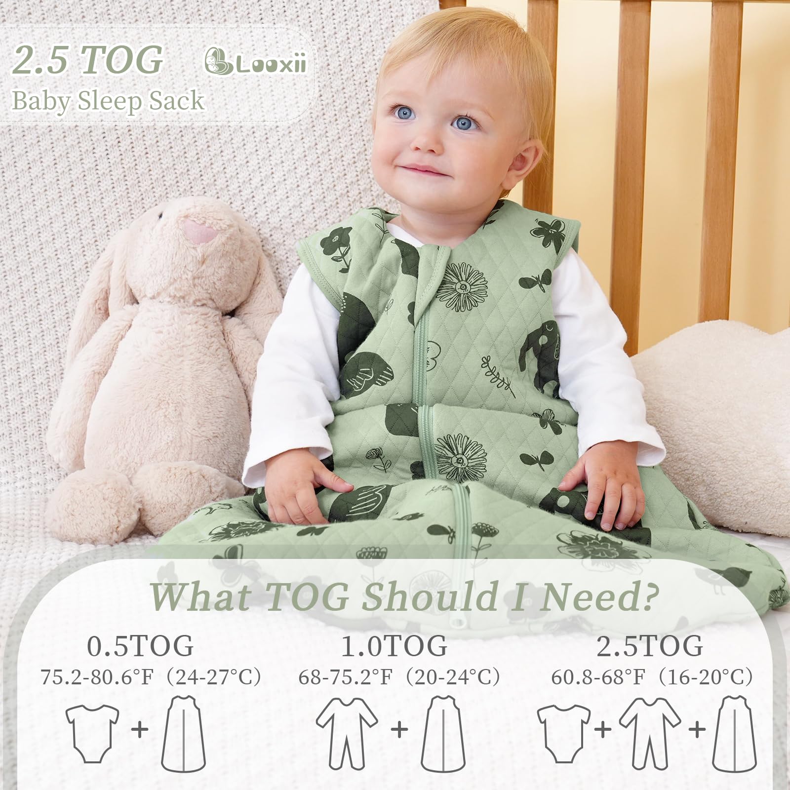 Looxii size chart helps pick 0-6 month snug fit.