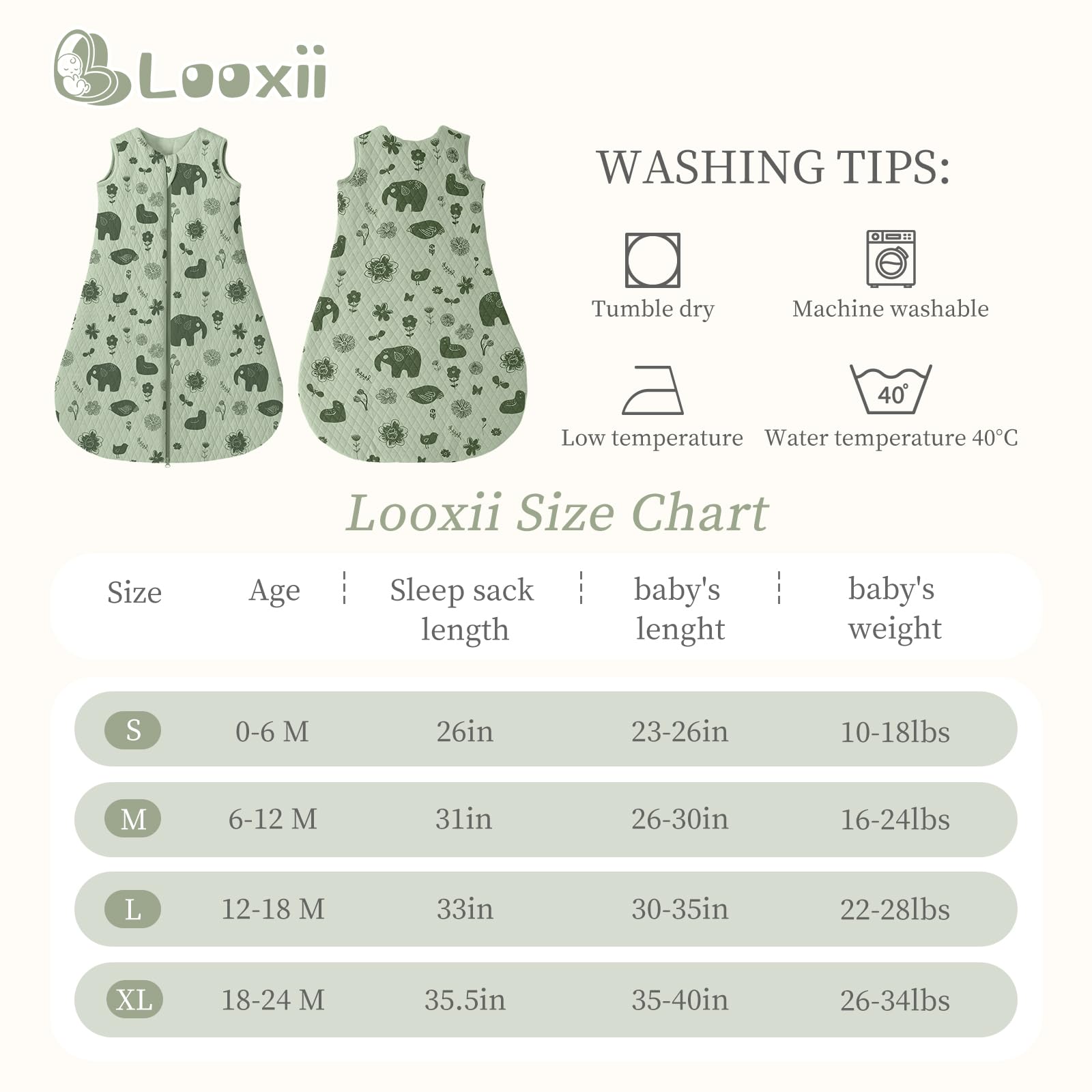 Looxii sleep sack two-way zipper enables easy diaper changes.