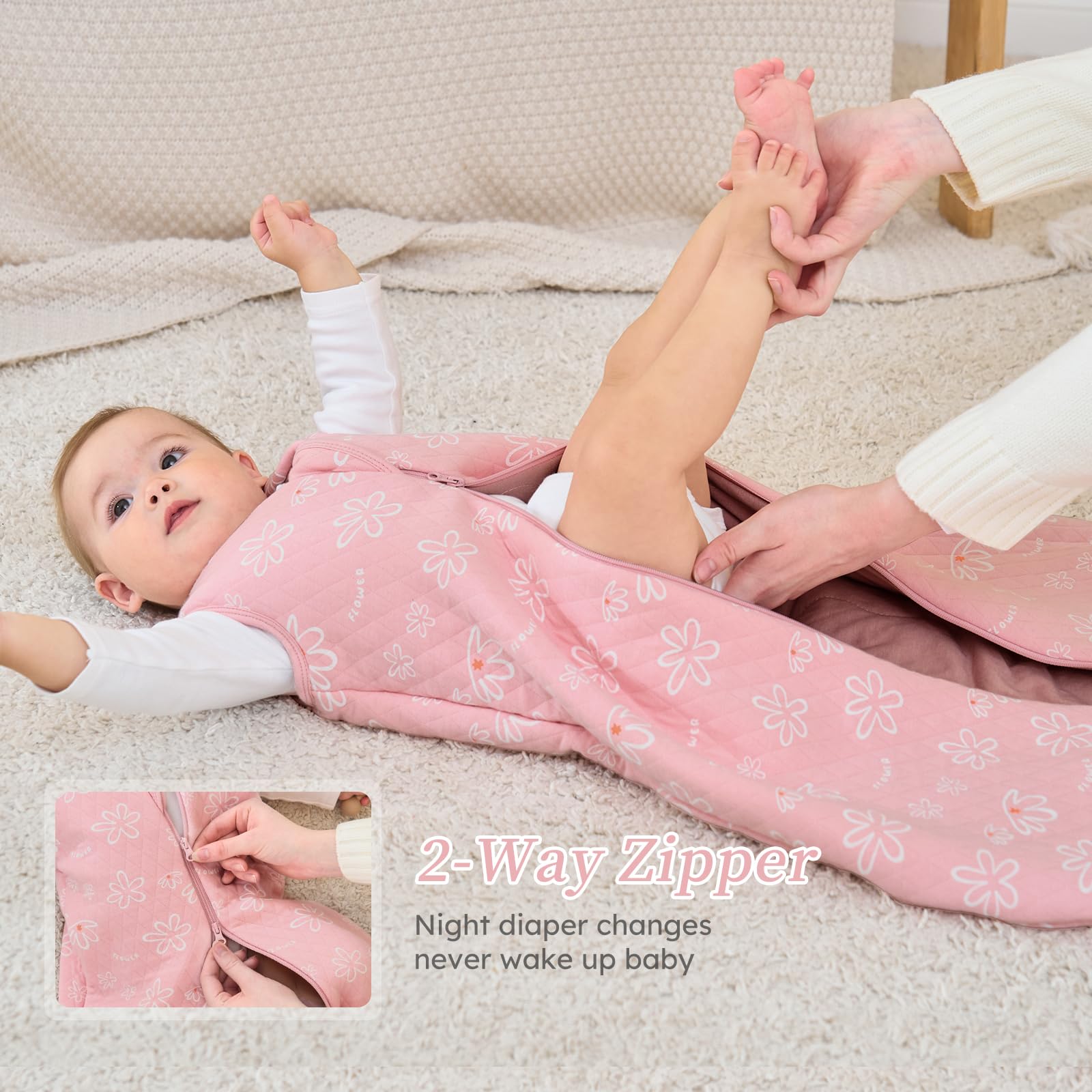 Looxii baby sleep sack with two-way zipper enables quick diaper changes.