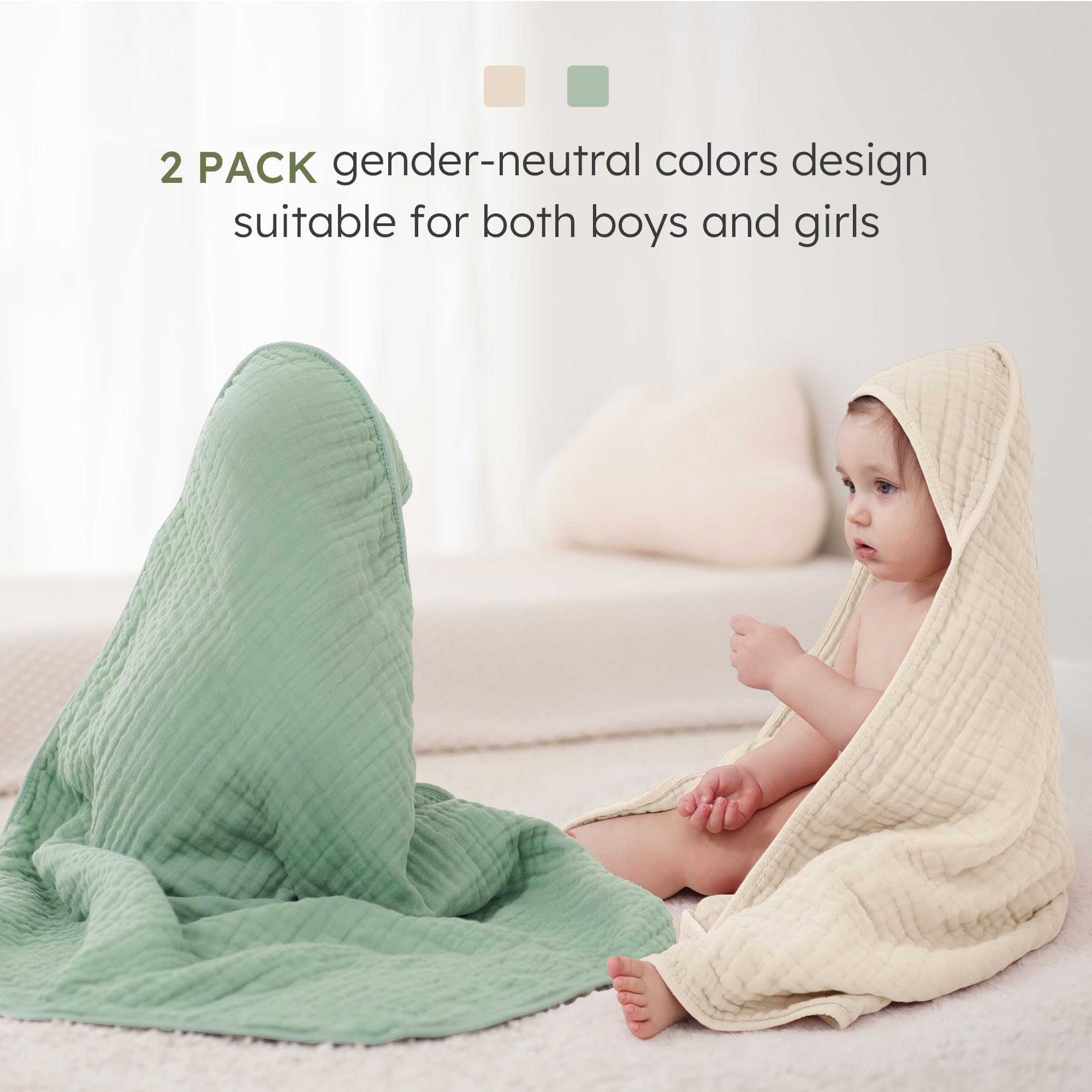 Looxii baby towels close-up highlights six-layer absorbent muslin for quick moisture pickup