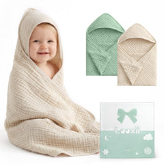 Looxii baby towels hooded front view showcases plush muslin softness for gentle post-bath warmth
