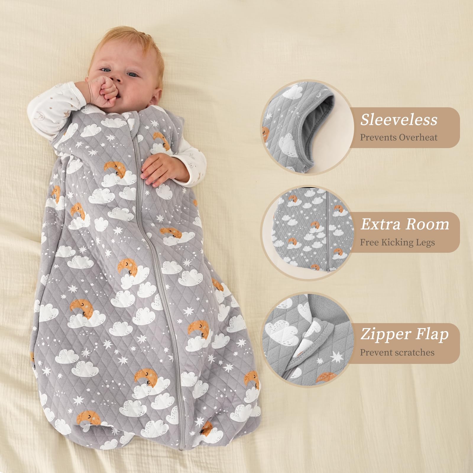 Looxii baby sleep sack two-way zipper enables easy diaper changes.