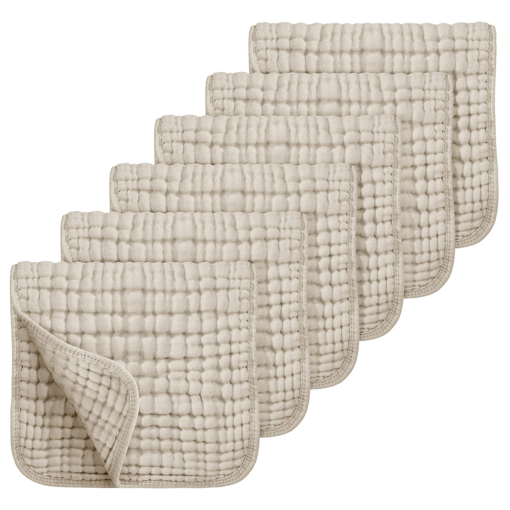 Looxii burp cloths flatlay 6-pack showing ultra-soft muslin for newborn comfort.