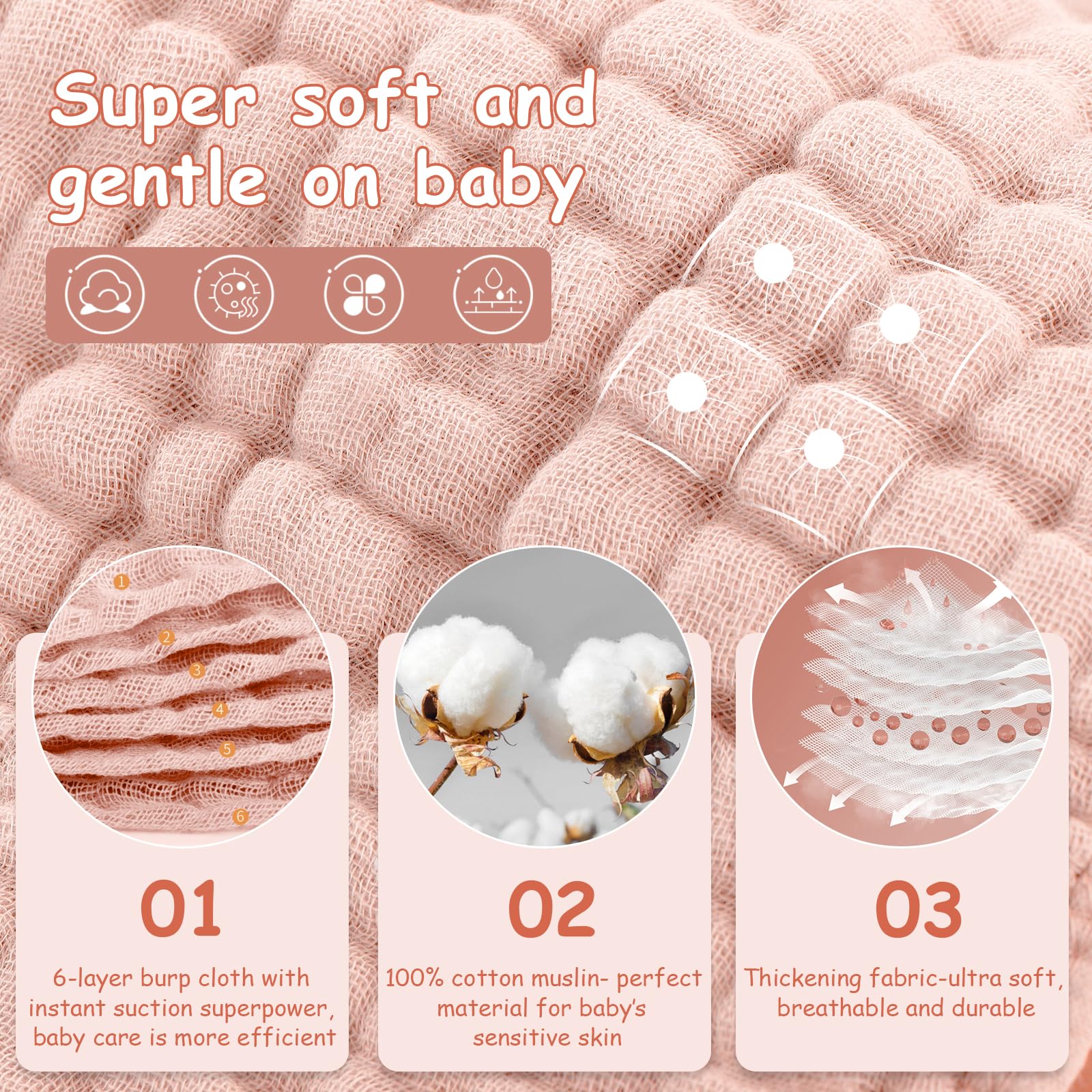 Looxii Muslin Burp Cloths pink pack unfolded — large 20x10 inch coverage for spills.