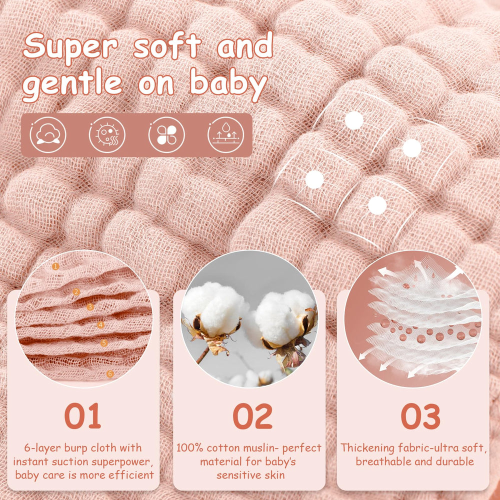 Looxii Muslin Burp Cloths pink pack unfolded — large 20x10 inch coverage for spills.