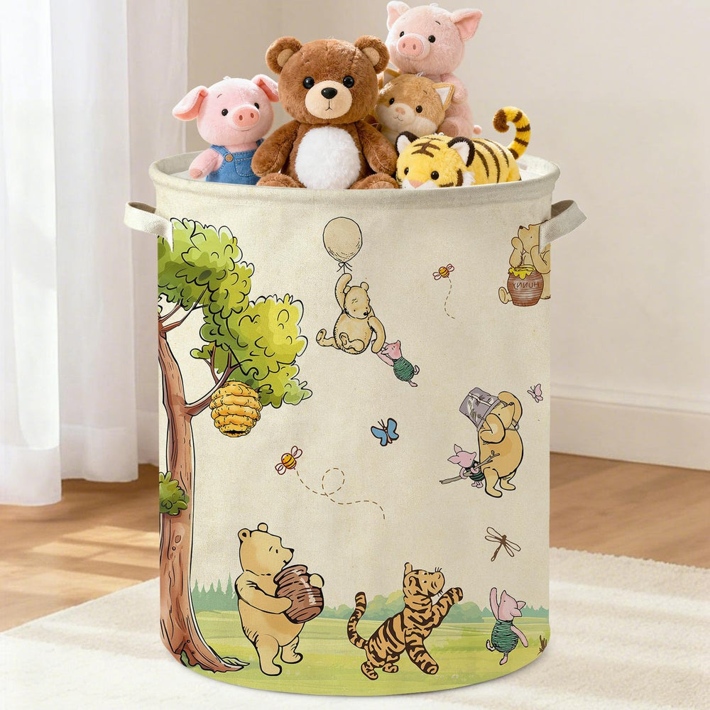 Lopeastar Winnie Bear laundry basket closeup shows durable canvas and convenient wipe-clean surface for busy nurseries.